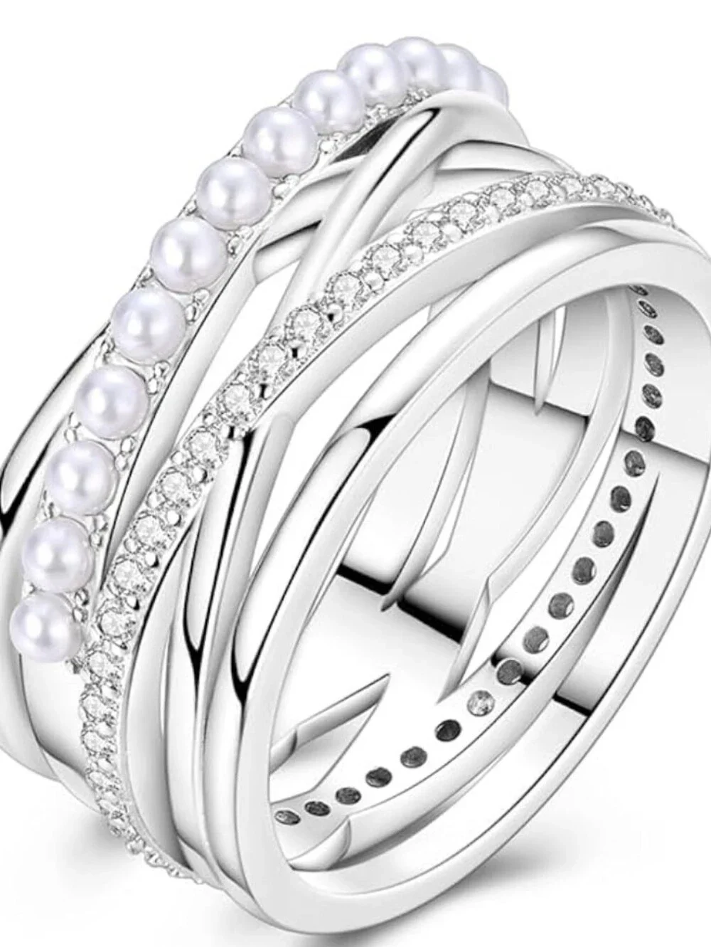 Macy's Silver Multi-Band Pearl & Crystal Stack Ring - White